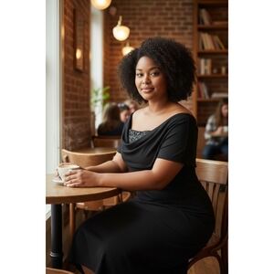 Scarlett Nite Black Embellished Mesh Neckline Cowl Neck Cap Sleeve Dress Sz 16 #